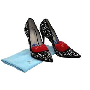 B0 Auth JEAN MICHEL CAZABAT Elle Black Suede Crystal & Studs Pump Heels Sz 37.5